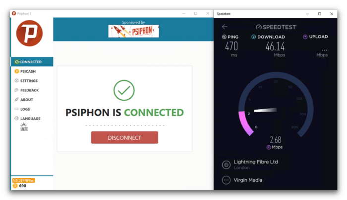 Picture from our speed tests with speediest.net and Psiphon VPN.