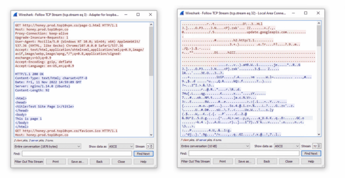 Wireshark tests with Psiphon proxy, which is not encrypted, and Psiphon VPN, which is encrypted.