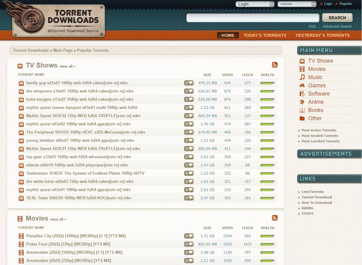 TorrentDownloads homepage