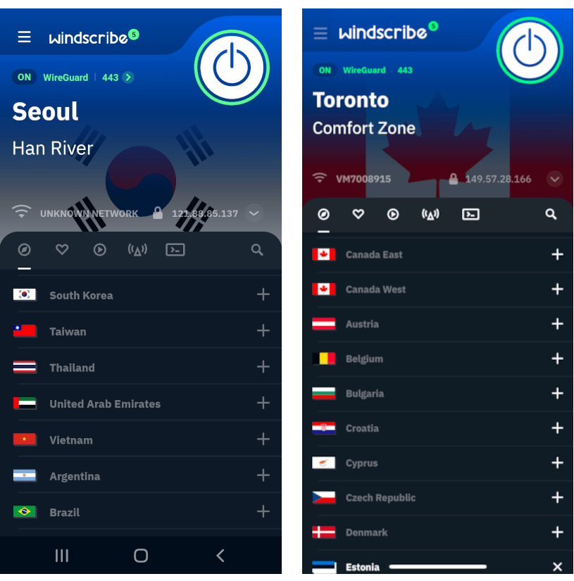 Os aplicativos Android e iOS da Windscribe lado a lado