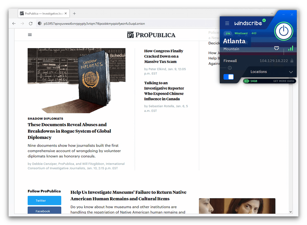 Connected to Windscribe free and the Tor browser, we accessed ProPublica’s onion site. 