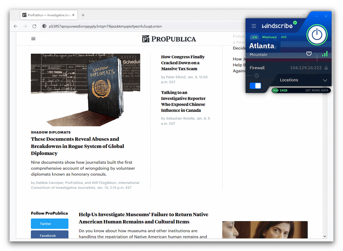 Connected to Windscribe free and the Tor browser, we accessed ProPublica’s onion site.