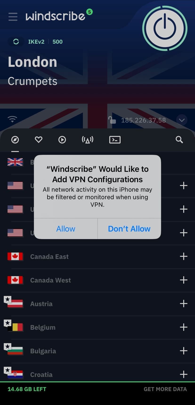 Configurazioni di Windscribe VPN Gratis su iPhone