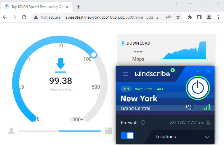 Windscribe의 연결 속도 테스트 화면