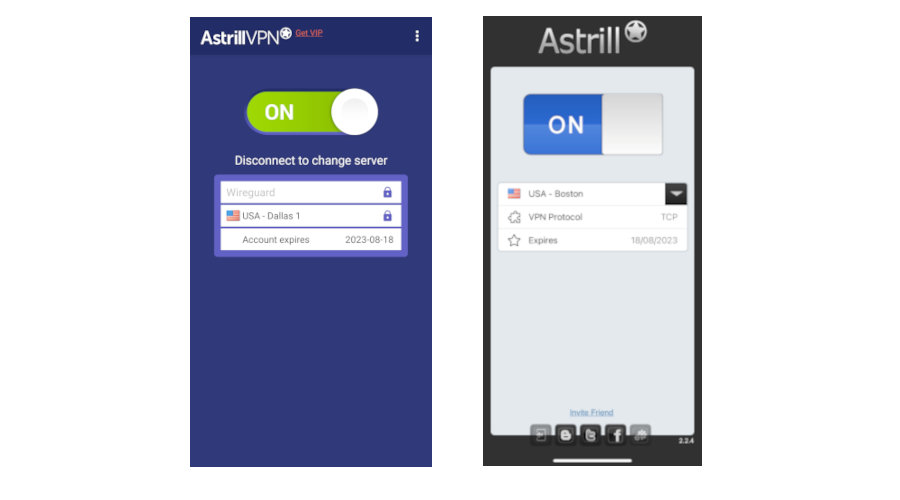 Aplikacje Astrill VPN na Androida i iOS obok siebie