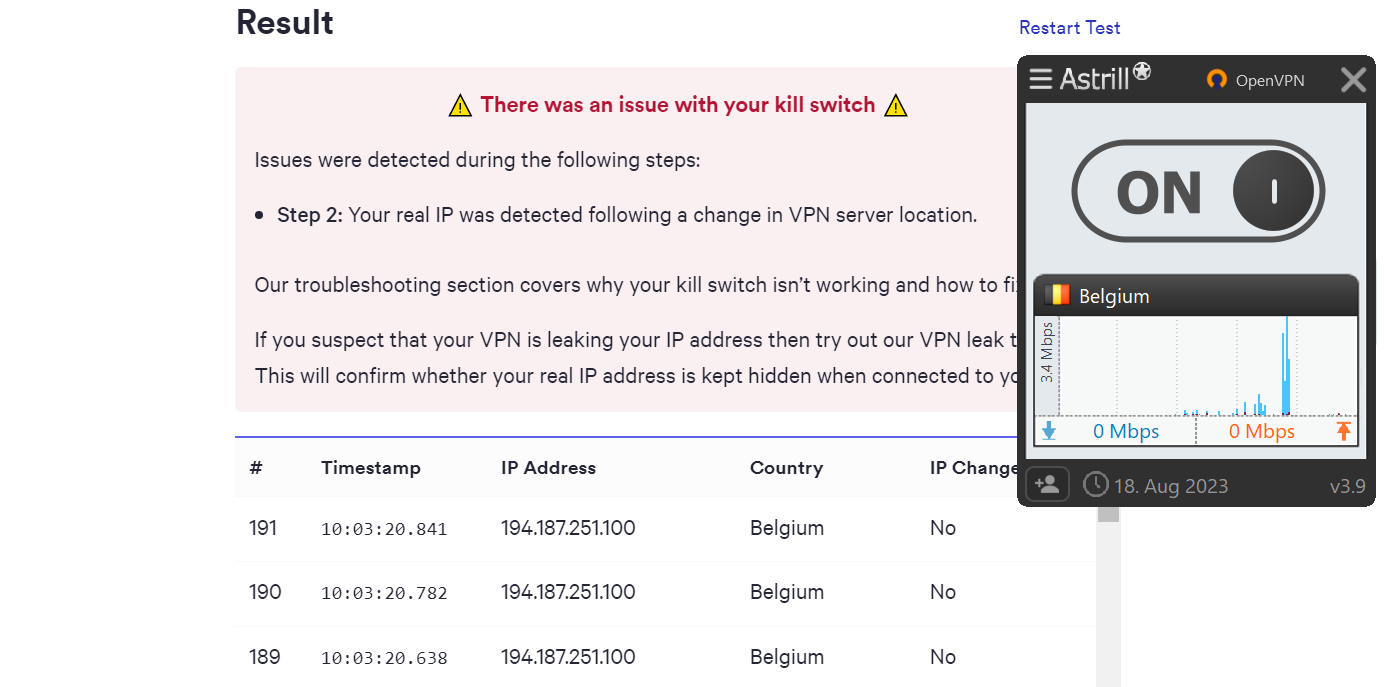 Test de l'efficacité du kill switch d'Astrill VPN