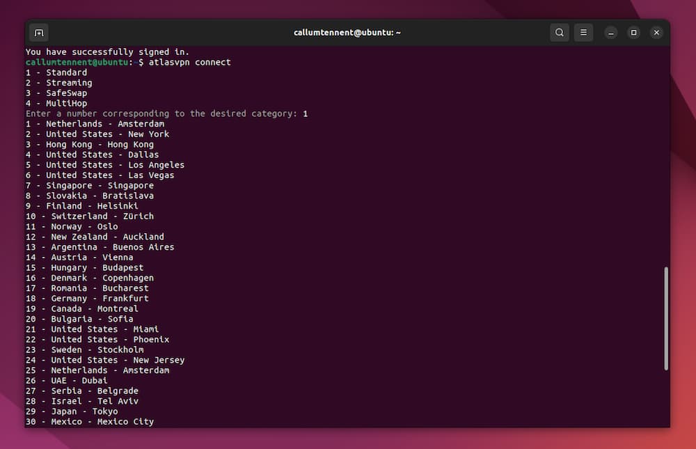 Atlas VPN running on a Linux distro