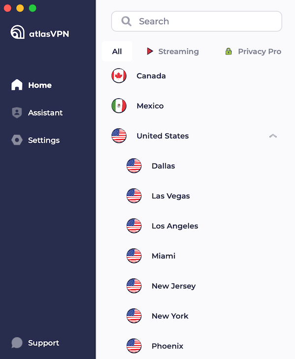 Atlas VPN's choice of servers in its app