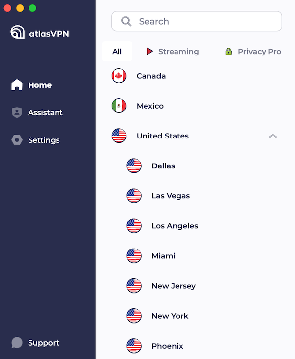 A seleção de servidores no aplicativo do Atlas VPN