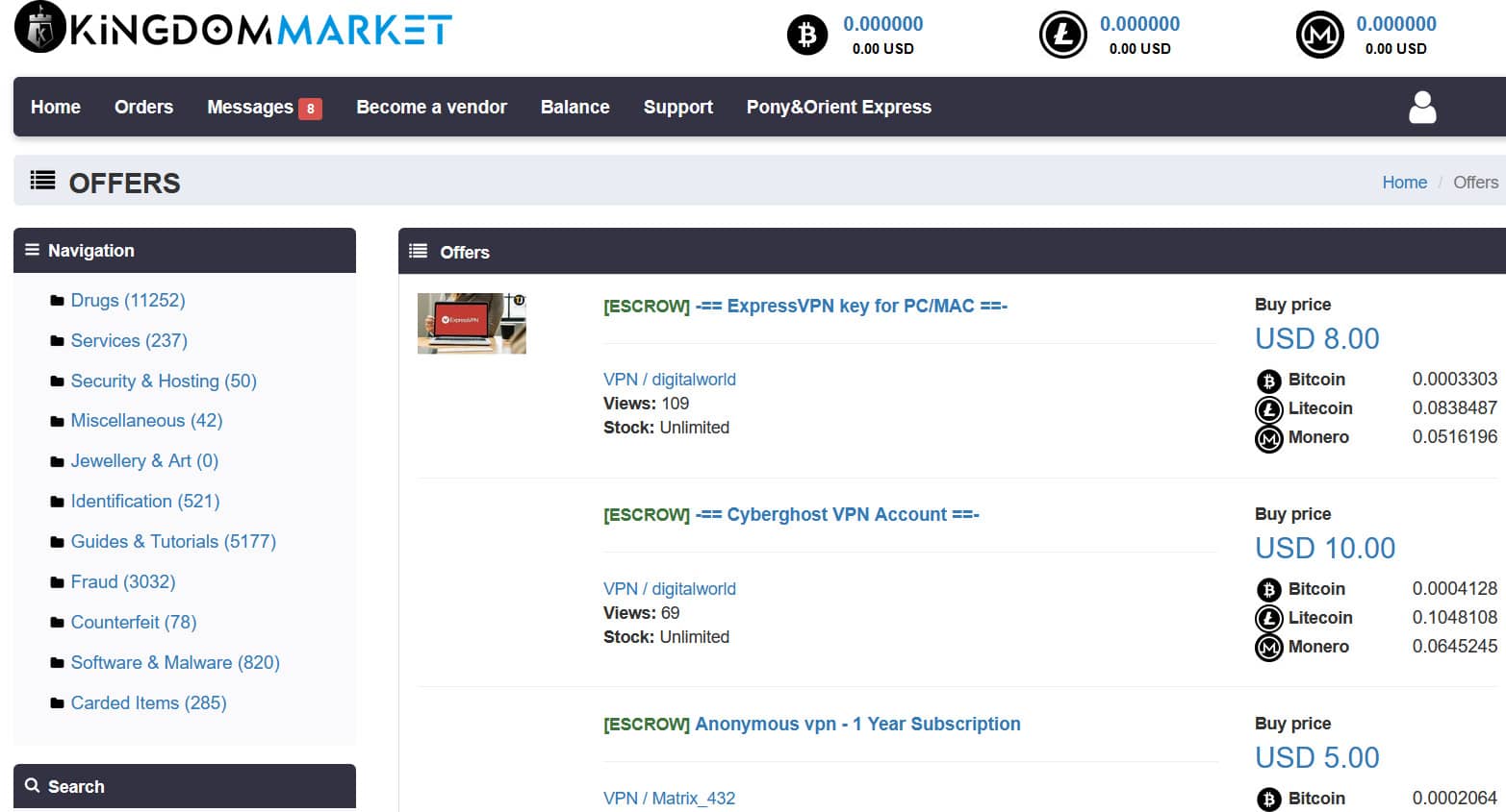 A screenshot of darknet market Kingdom showing fraud items for sale