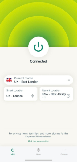 Tela de início da ExpressVPN no iOS