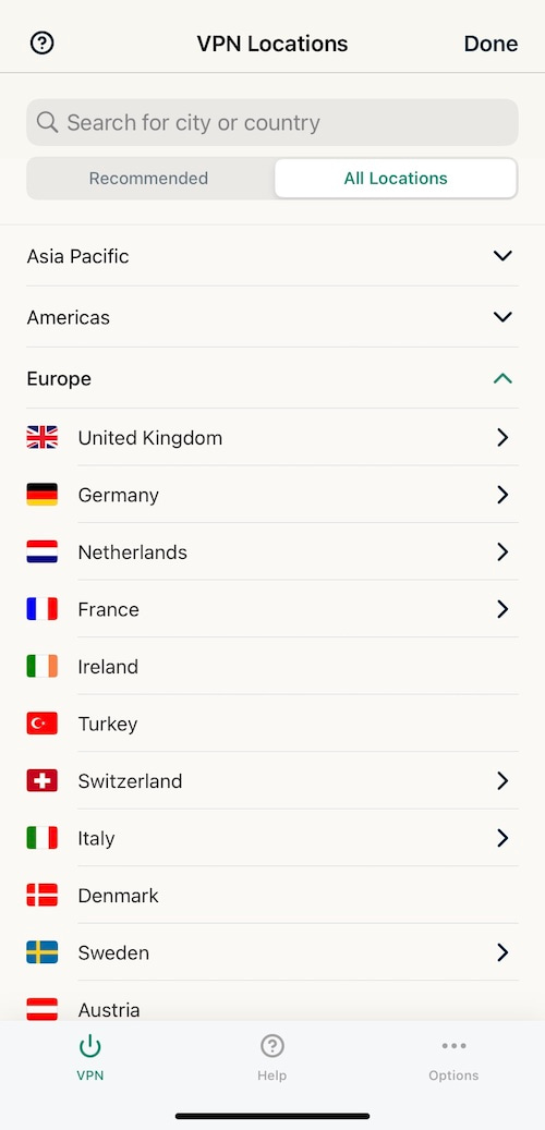 ExpressVPN's list of server locations including Turkey