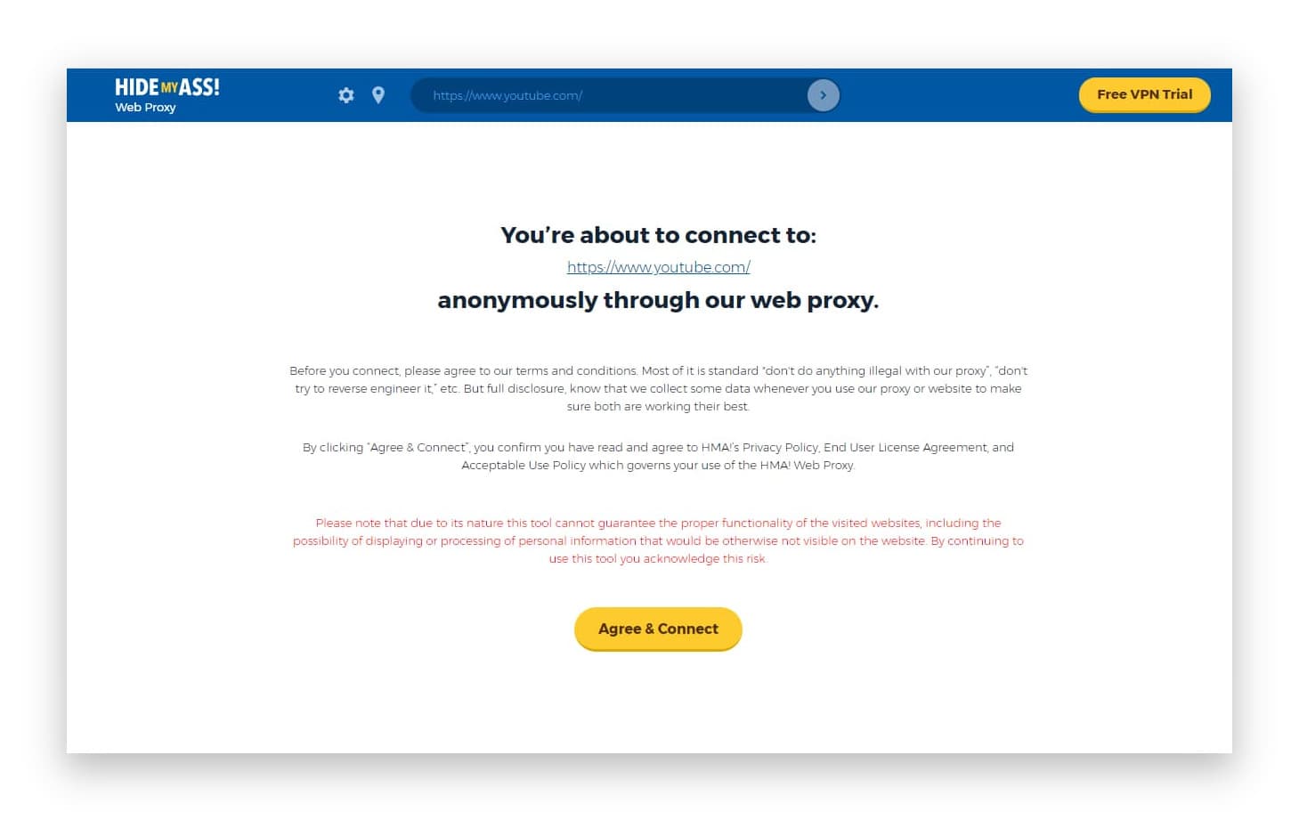 Unblocking YouTube with HMA web proxy