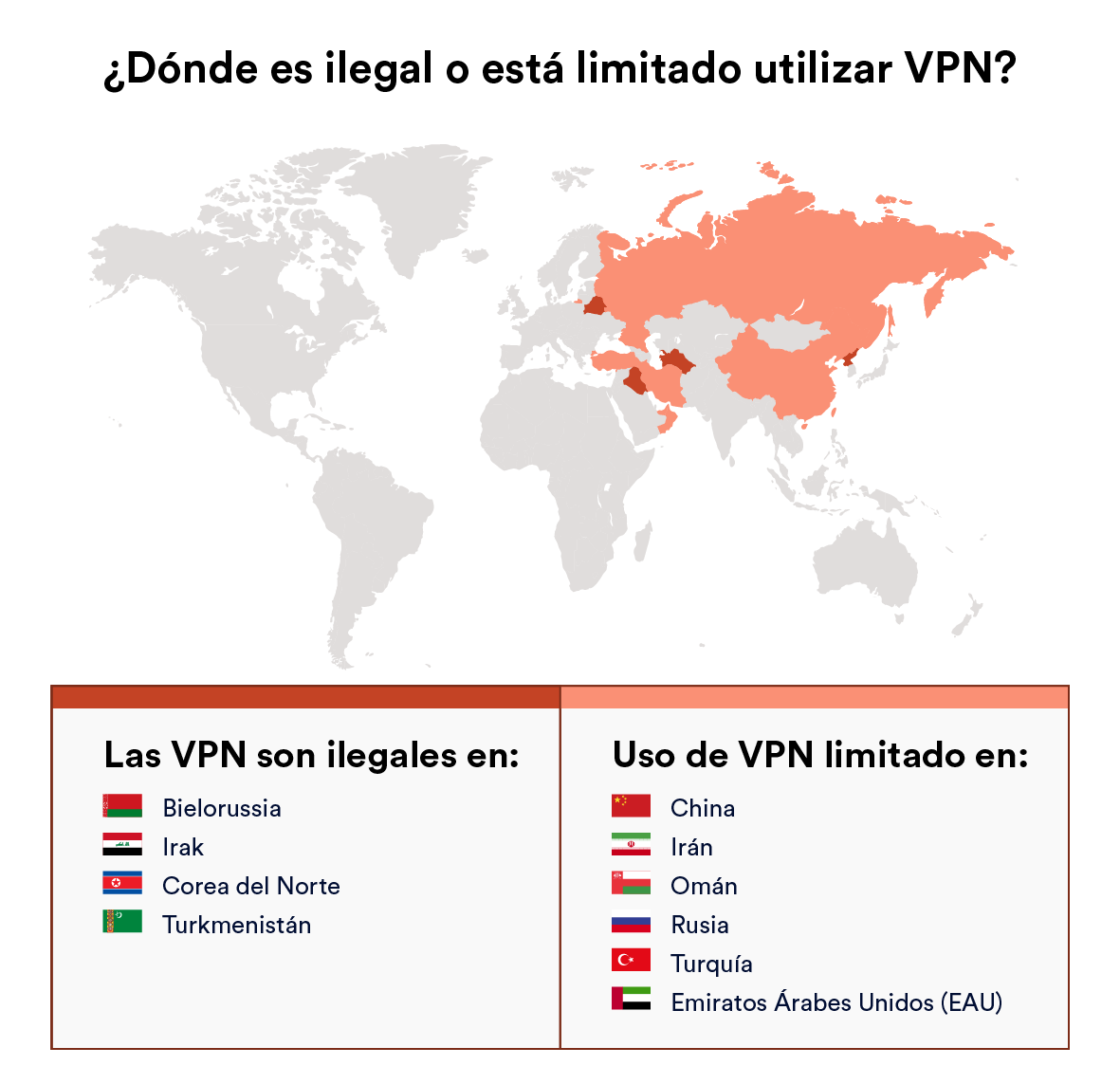 Mapa de los países en los que las VPN son ilegales o están prohibidas.