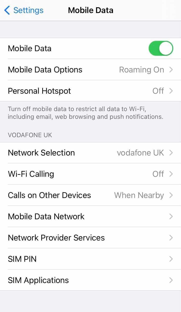Menu ustawień danych mobilnych na iPhonie