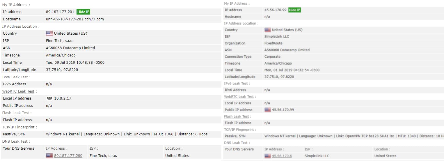 Comparison of leak tests between NordVPN and IPVanish