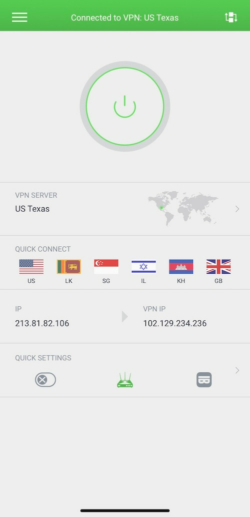 Tela de início da Private Internet Access no iPhone