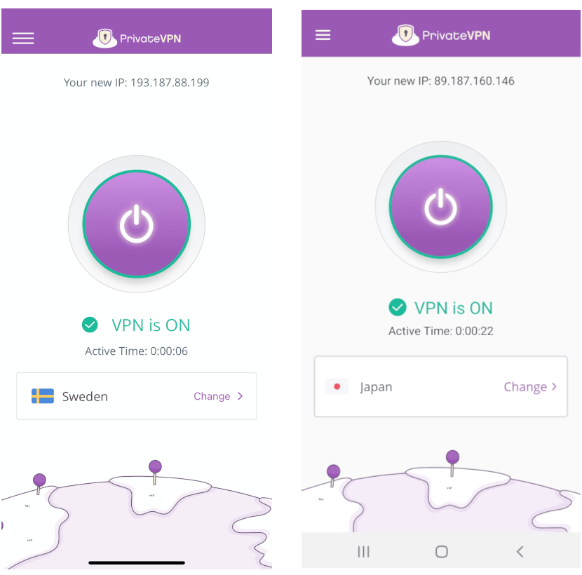 PrivateVPN's iOS and Android apps side-by-side
