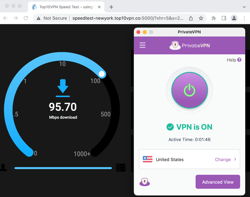 Testing PrivateVPN's connection speeds using a speed test tool