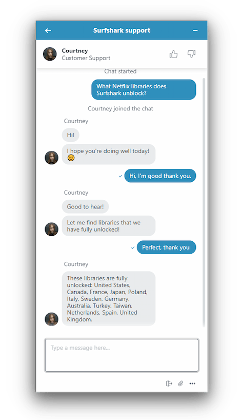 Surfshark's live support helping with a Netflix query