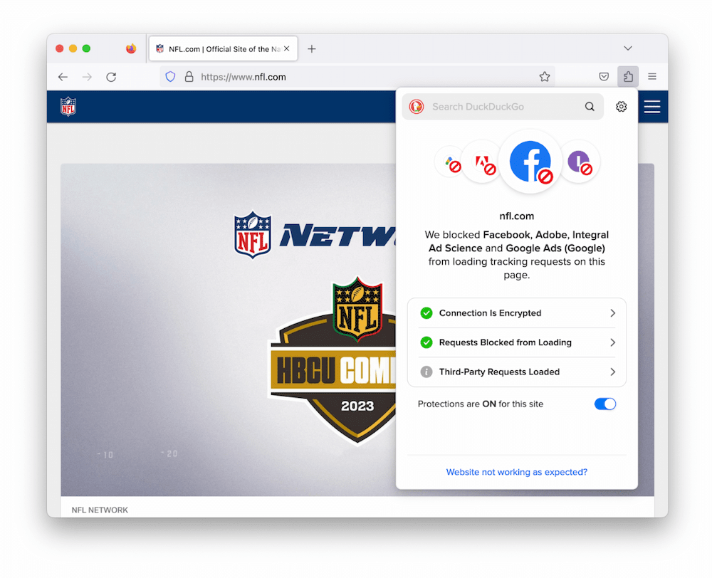Screenshot of the DuckDuckGo browser extension blocking ads and tracking requests from Facebook, Google, and more.