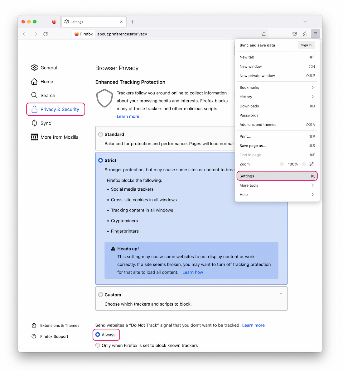 Firefox privacy and security settings.