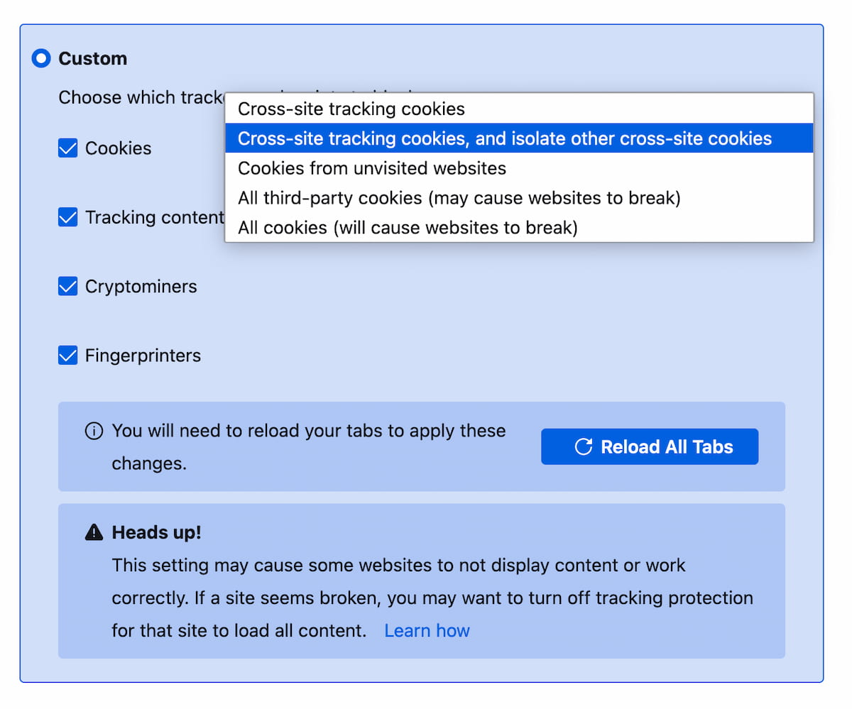 Firefox browser cookie settings.