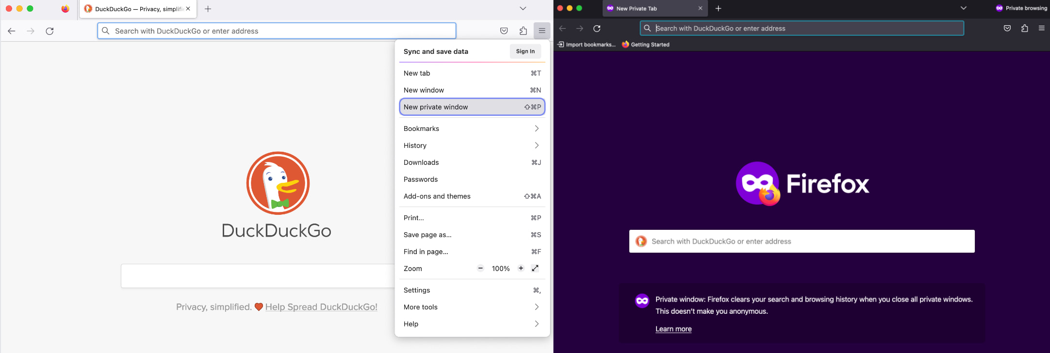 Firefox normal and private browsing modes.