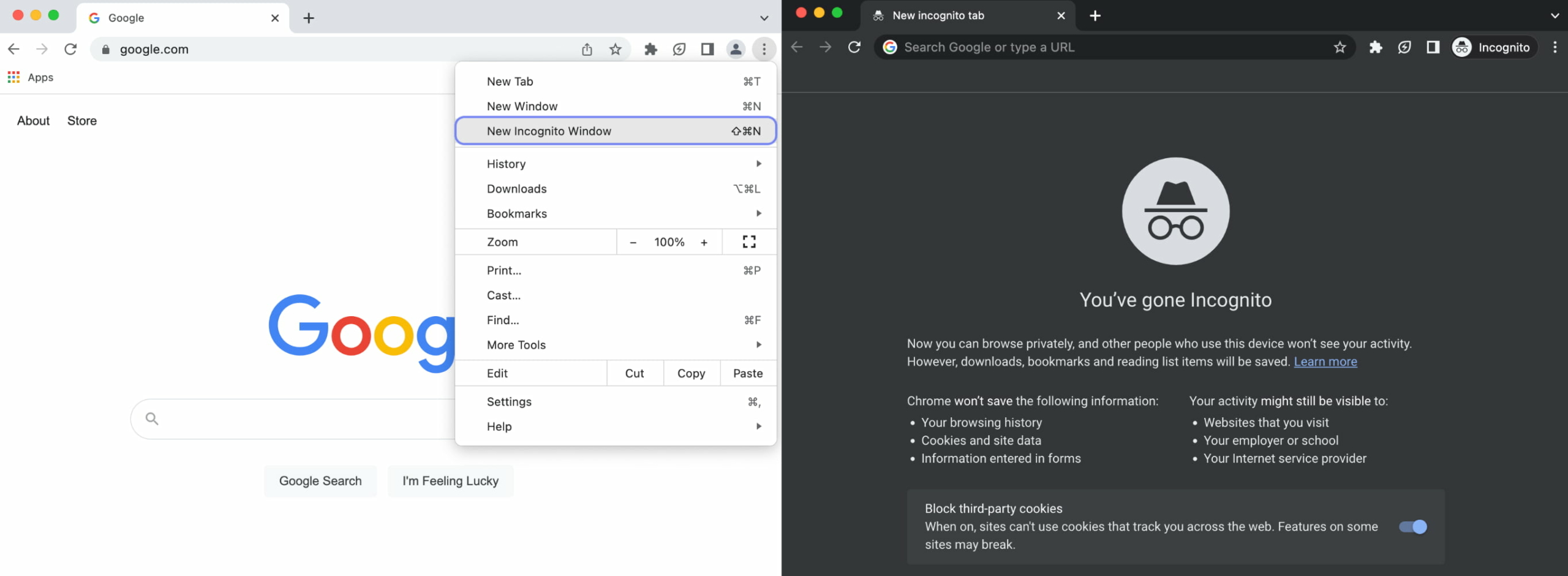 Google Chrome normal and incognito mode browser windows.