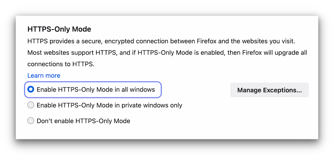 Firefox HTTPS-Only Mode settings.