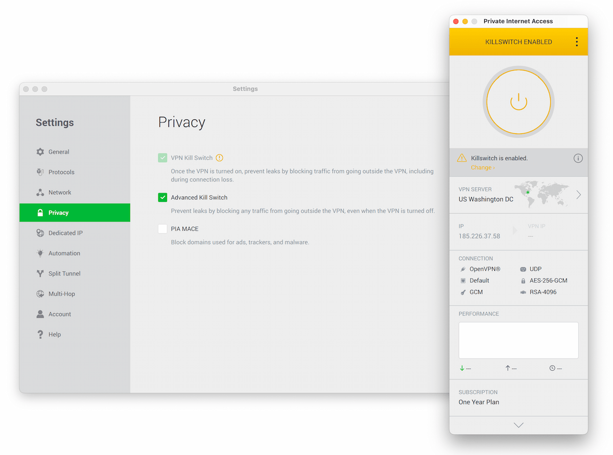 Screenshot of PIA client with its kill switch enabled in Settings.