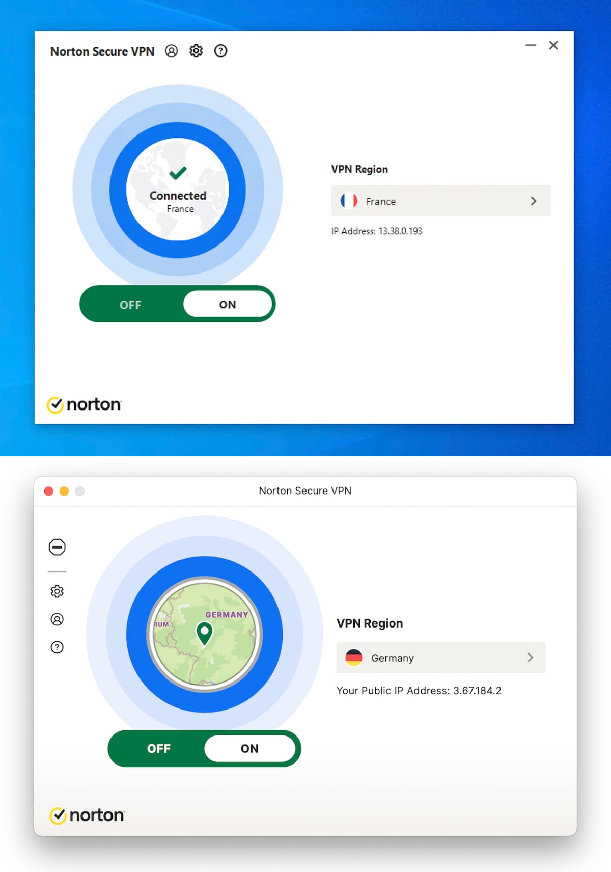 Norton Secure VPN compared side-by-side on Windows and macOS