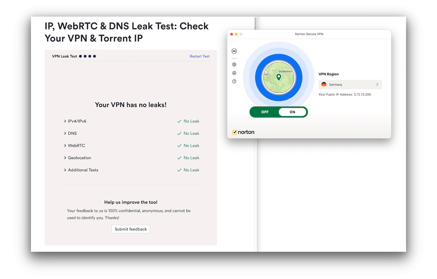 Norton Secure VPN in esecuzione accanto ai risultati di un test di leak VPN andato a buon fine