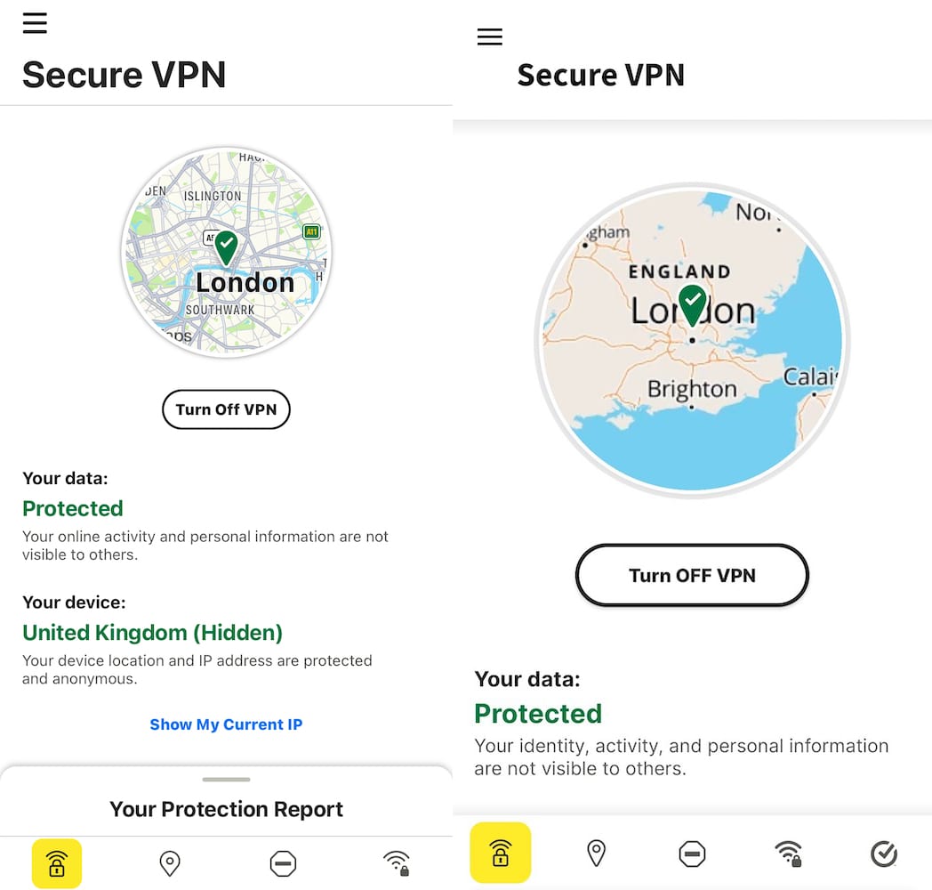 The home screen for Norton Secure VPN compared side-by-side on iOS and Android