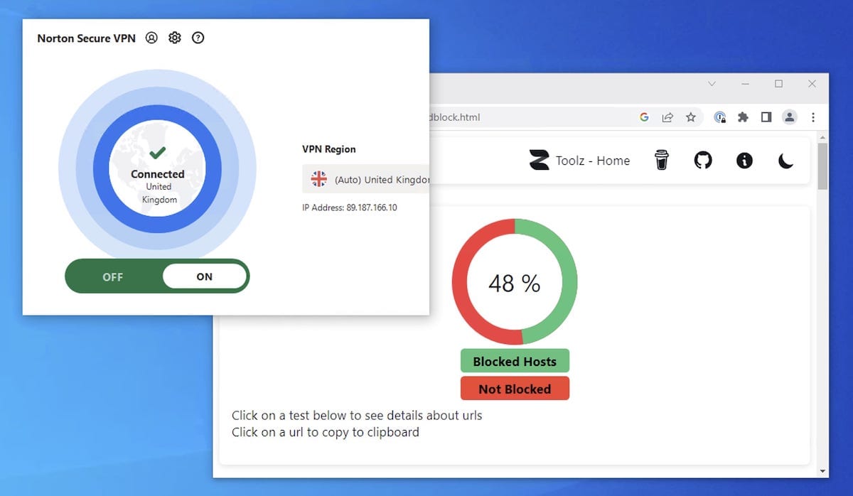 Norton Secure VPN의 광고 차단 기능 테스트 중인 모습. 48%로 낮은 차단률을 보였습니다.