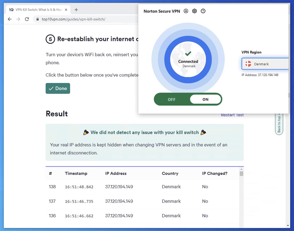 Norton Secure VPN passe le test du kill switch