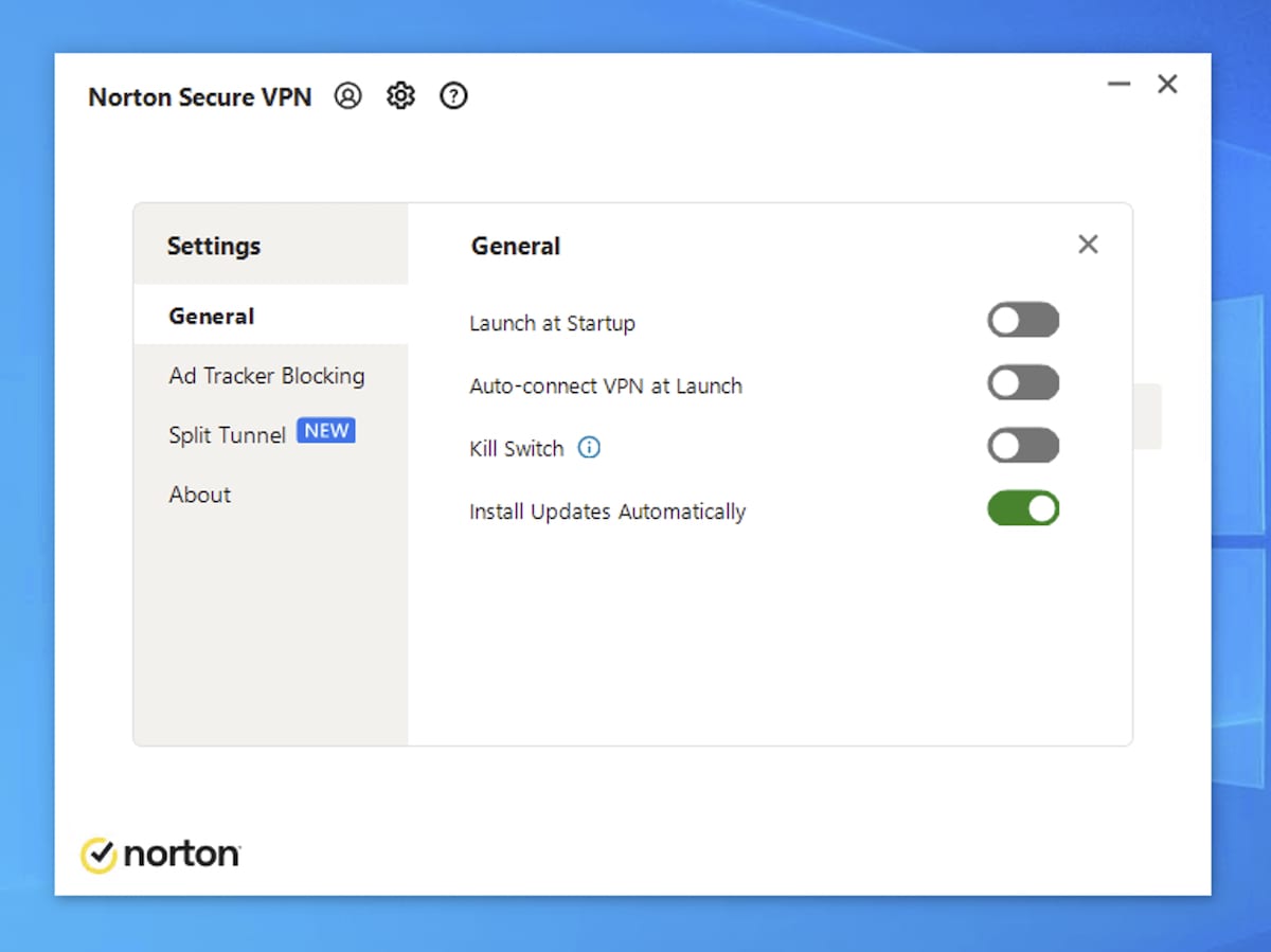 The settings menu within Norton Secure VPN's Windows app