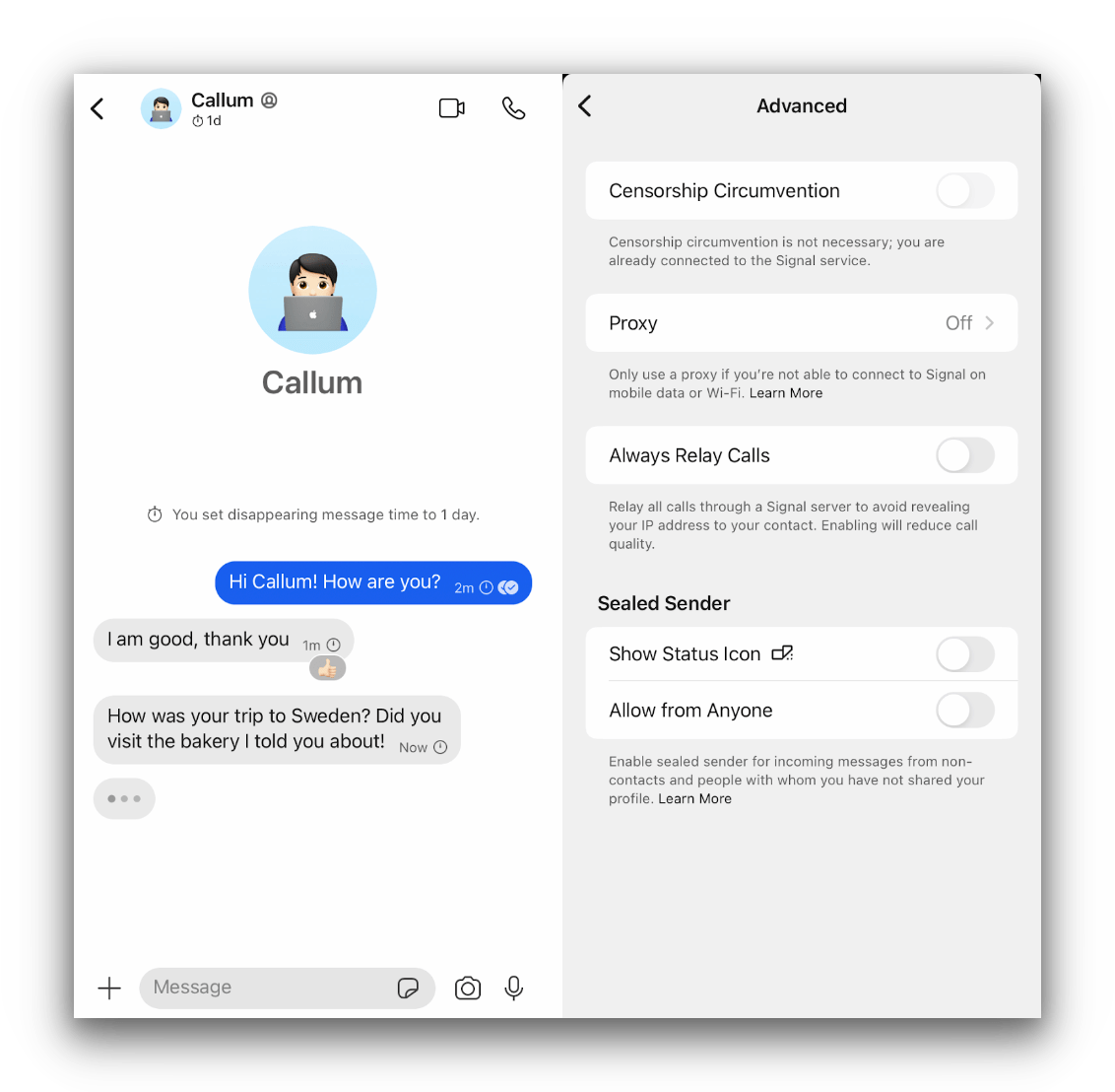 Signal app on iPhone showing a conversation and advanced settings.