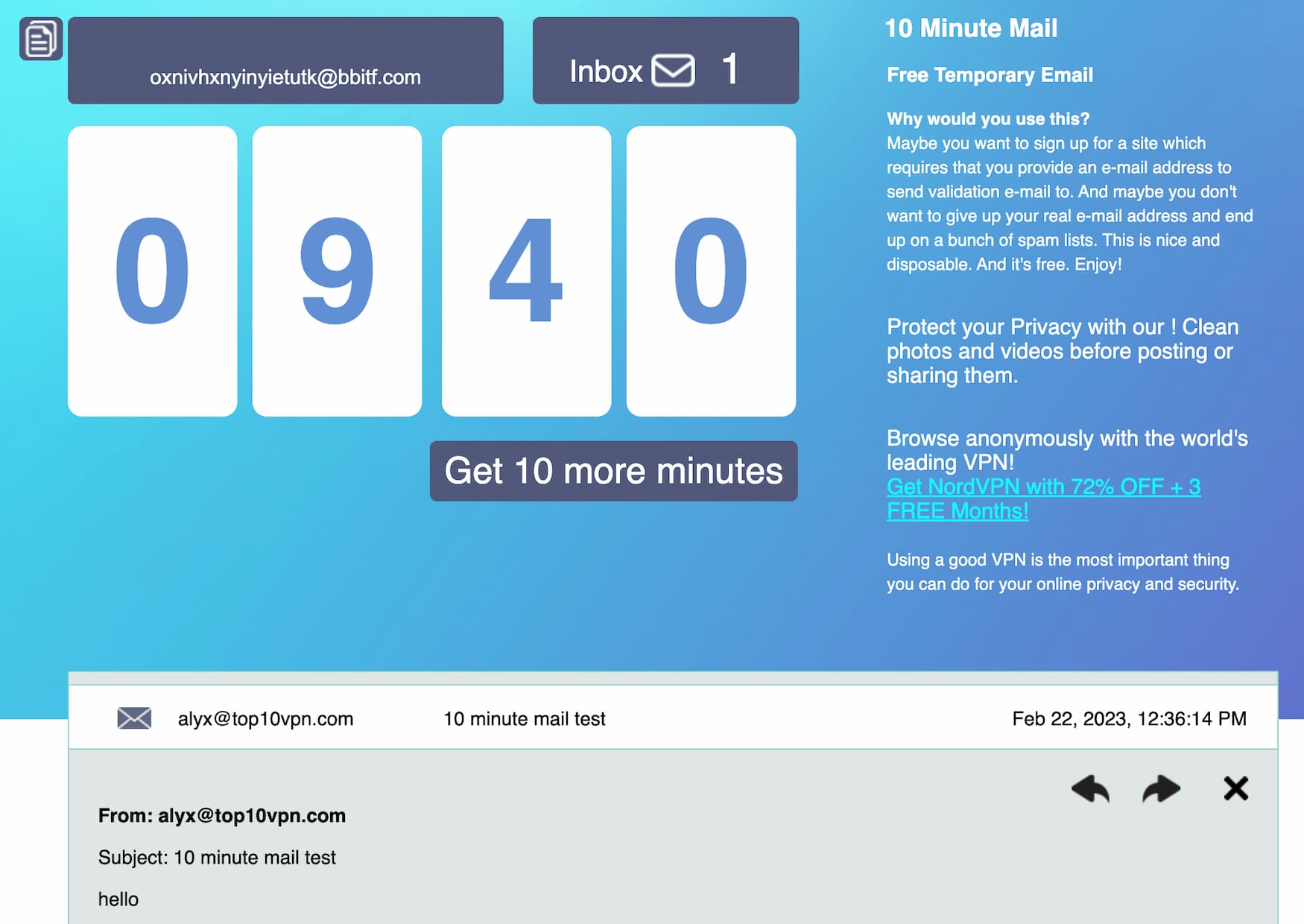 10MinuteMail.com website showing an email sent to the temporary email.