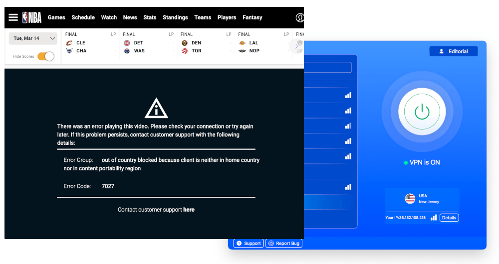 Encountering an error message when trying to stream NBA games using VeePN