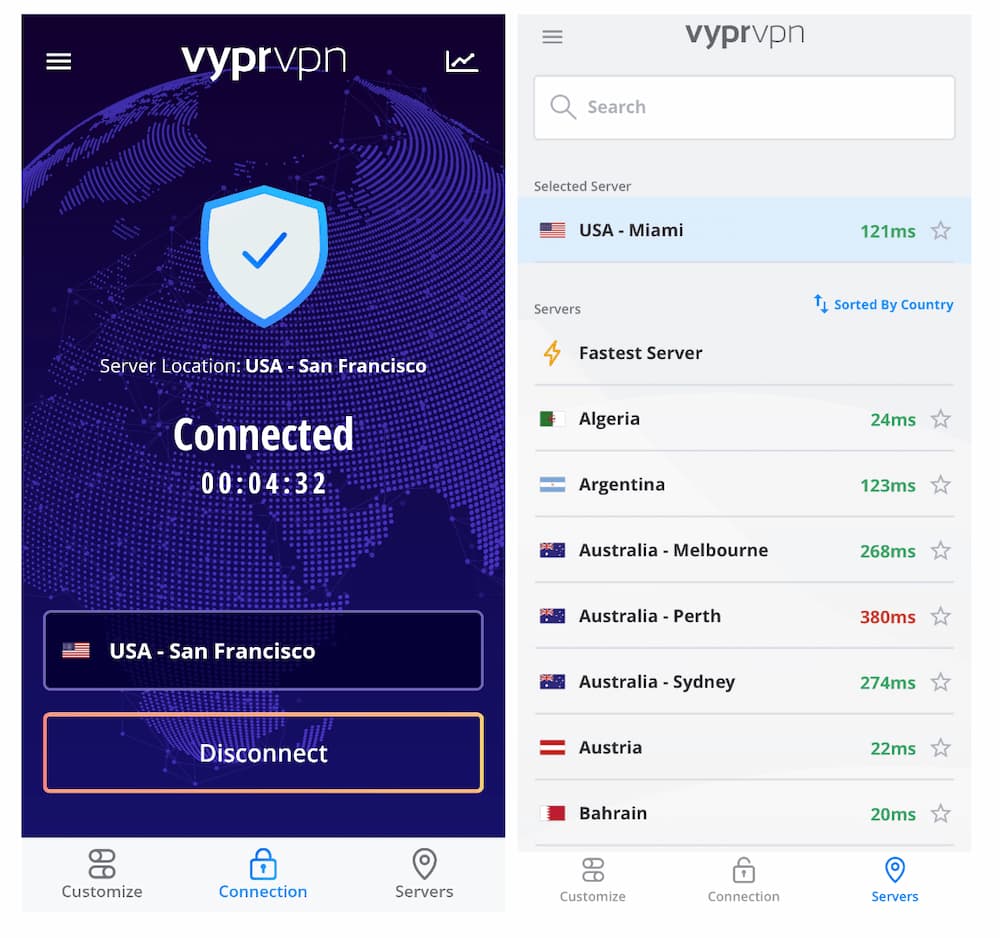 La page d'accueil et la liste des serveurs de VyprVPN pour Android et iOS.