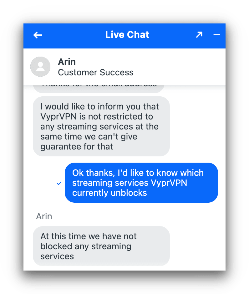 VyprVPN's customer support agent misunderstands a question about which streaming services VyprVPN unblocks.