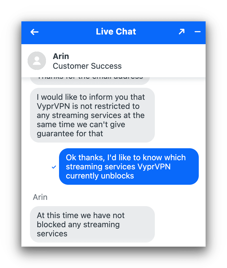 L'agent du support client de VyprVPN ne comprend pas une question sur les services de streaming que VyprVPN débloque.