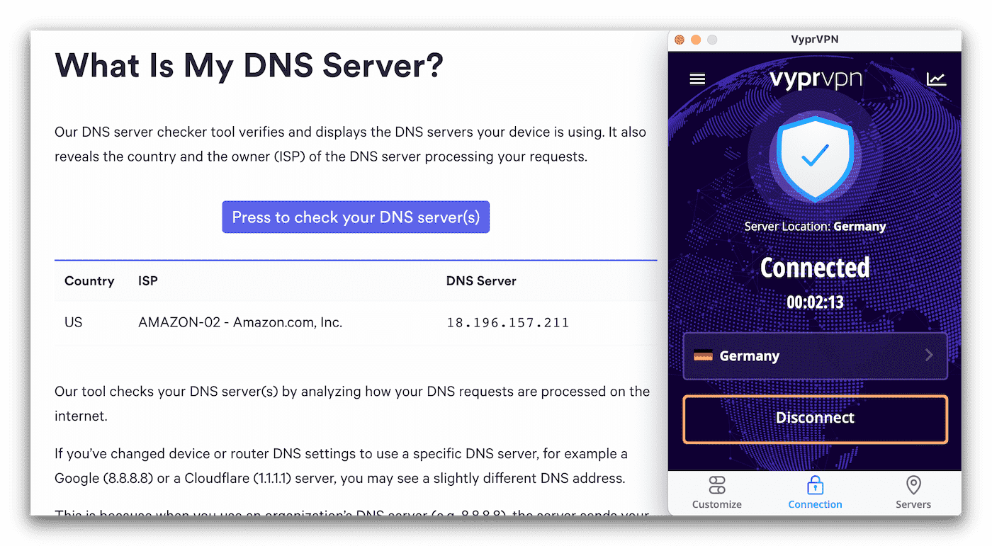 Zrzut ekranu z testu serwerów DNS podczas korzystania z VyprVPN. Wynik pokazuje serwer DNS Amazon.