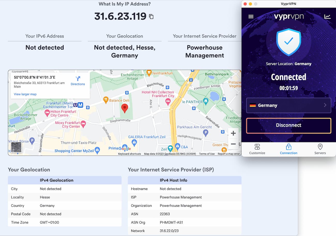 Test dell'indirizzo IP durante la connessione a un server VyprVPN tedesco. L'indirizzo IP si trova in Germania, Assia.