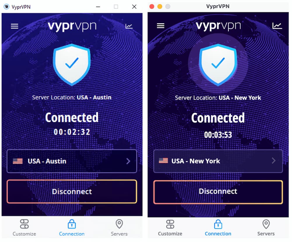 Aplikacje VyprVPN na Androida (po lewej) i iOS (po prawej) wyglądają tak samo, jak wersje na komputery