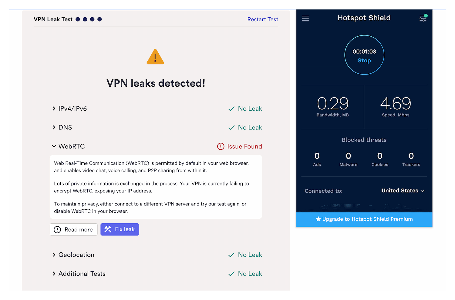 Hotspot Shield Browser-Erweiterung Leak-Test