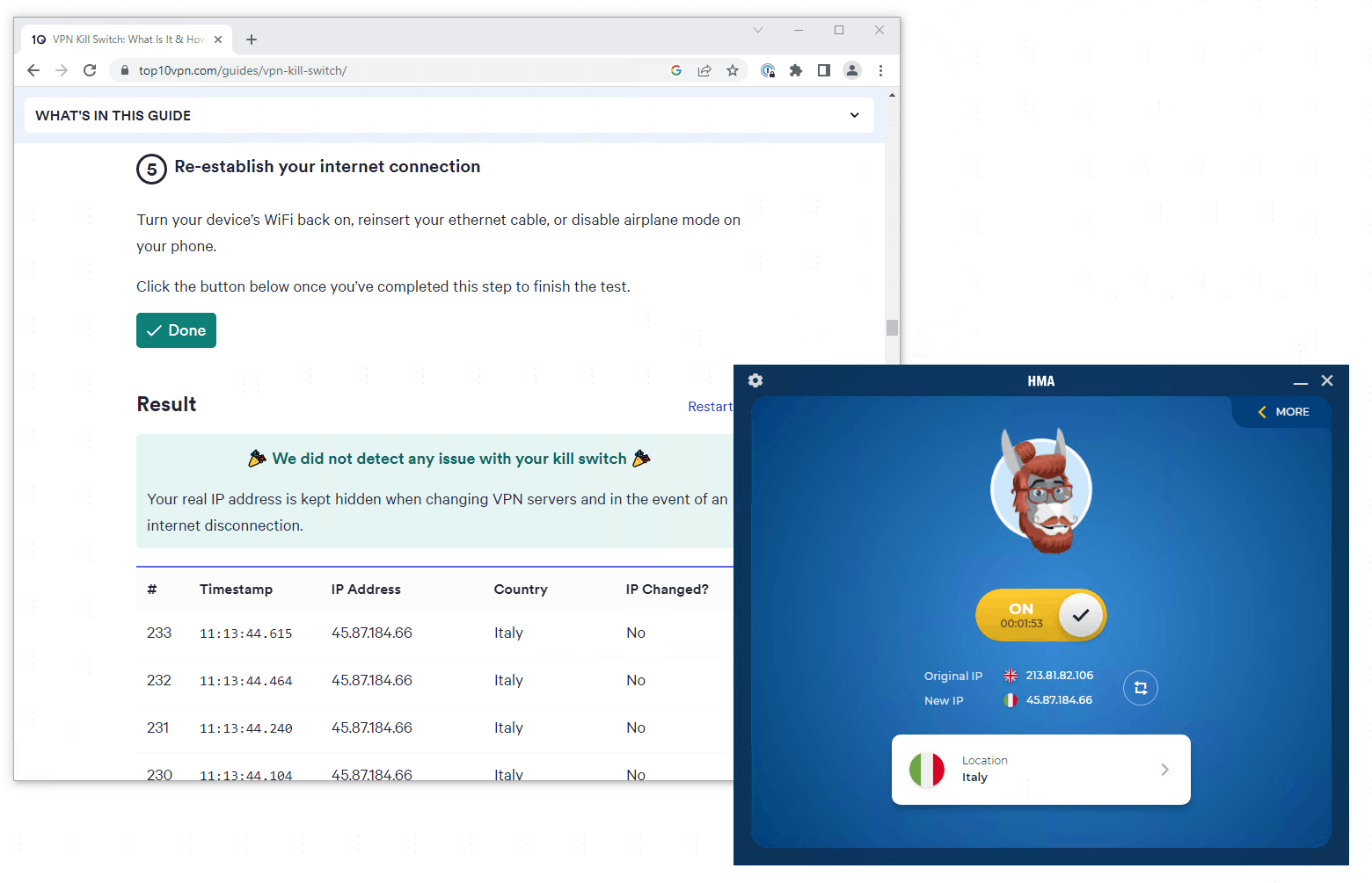 Test del Kill Switch di HMA VPN