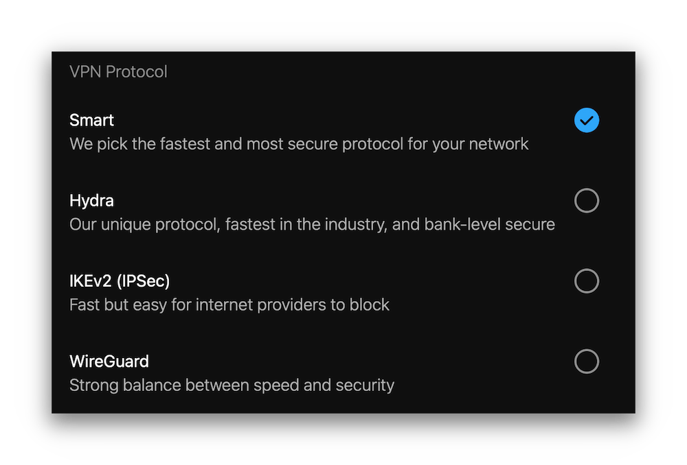 Hotspot Shield 프로토콜 목록