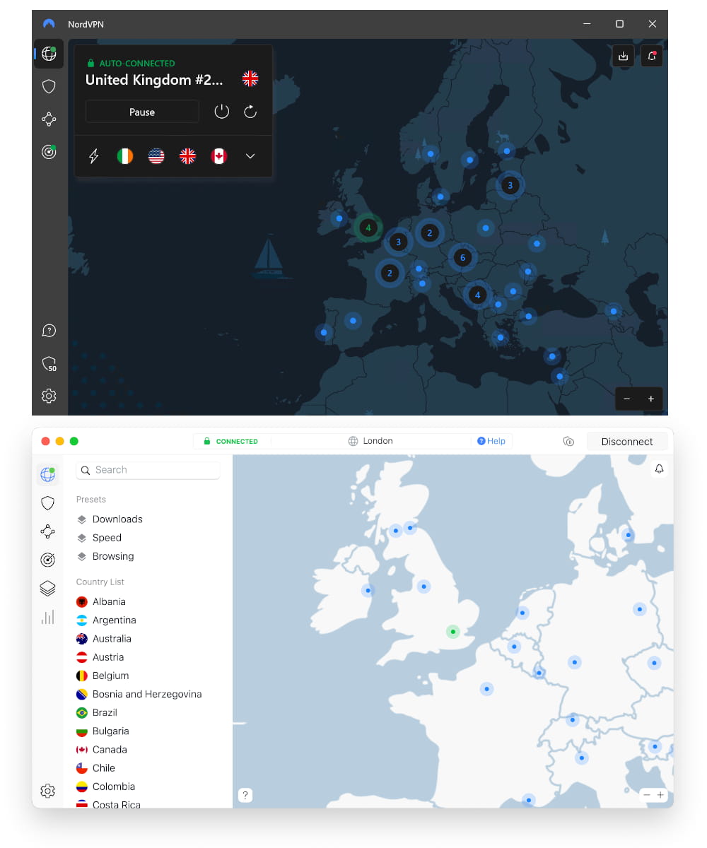 Aplikacje NordVPN na systemy Windows i macOS obok siebie